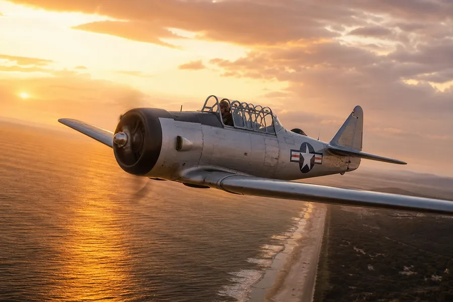 A WWII-era T-6 trainer aircraft flying along the coast at sunset