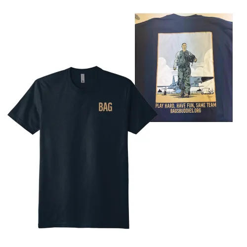 Navy blue BAG Graphic T-shirt featuring the Bag's Buddies logo - Premium 60/40 cotton/poly blend supporting youth sports