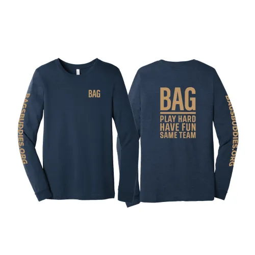Night Sky Navy BAG Long Sleeve T-shirt with Bag's Buddies logo - Perfect for cooler weather or layering
