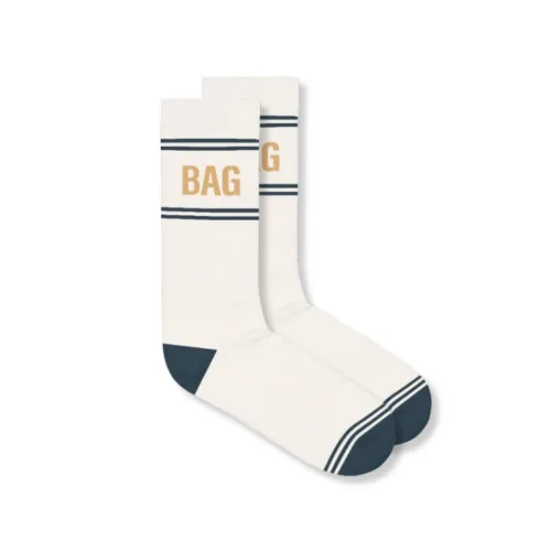 Tan and Navy Custom BAG Crew Socks featuring the Bag's Buddies logo - Comfortable athletic fit